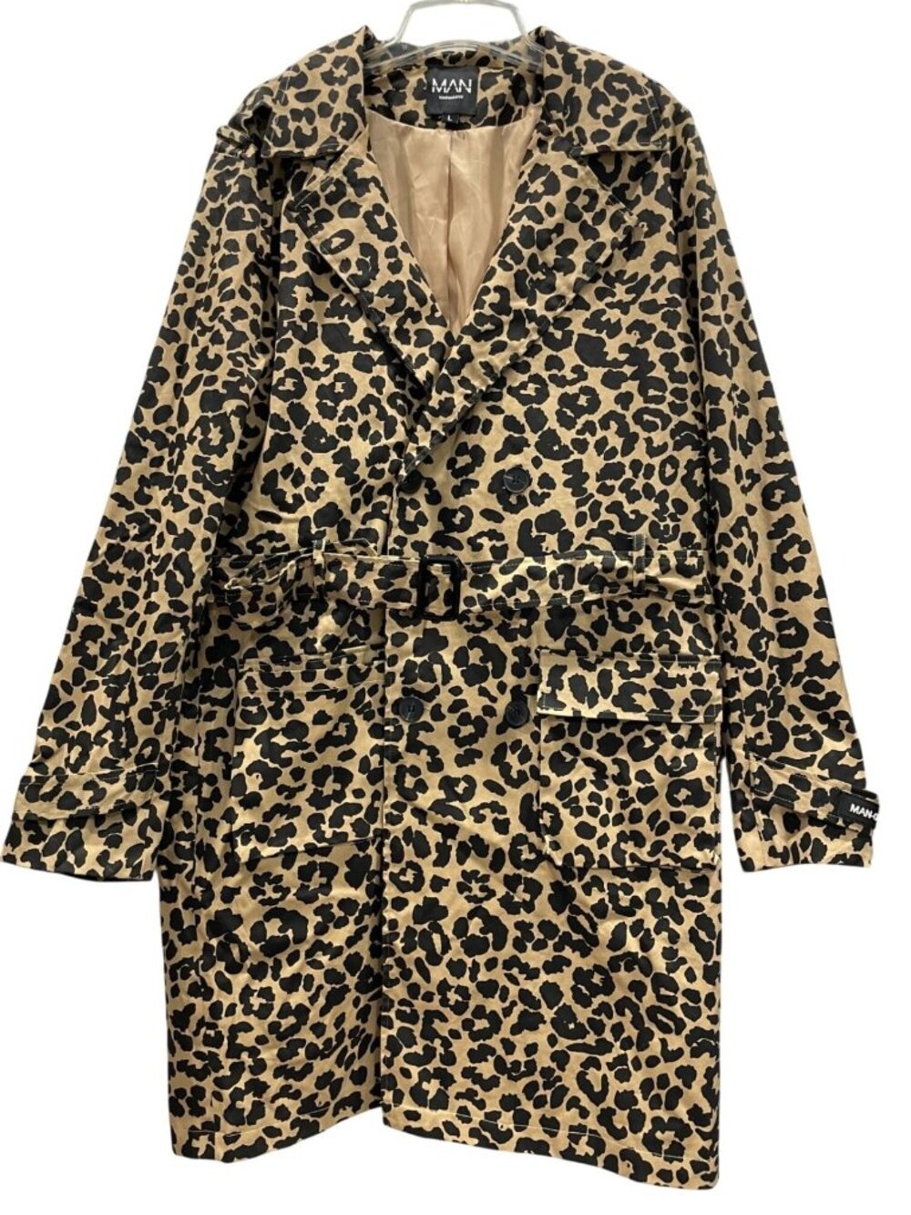 Boohoo MAN Leopard Print Trench Coat Size L Brown Black Artsy Casual Streetwear
